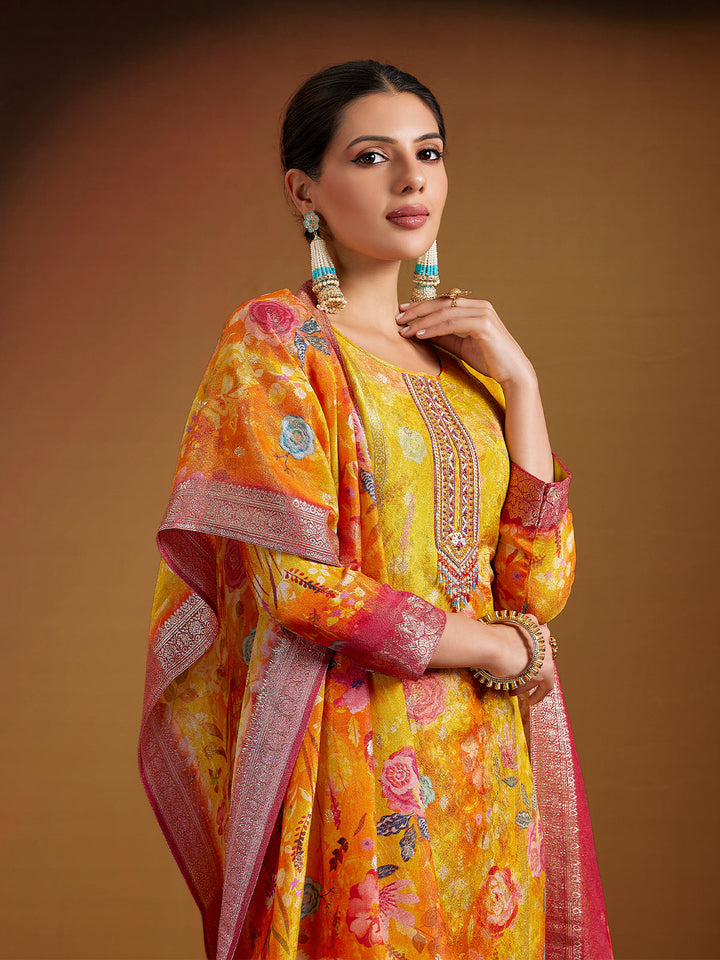 Mustard Yellow Jacquard Silk Suit Set