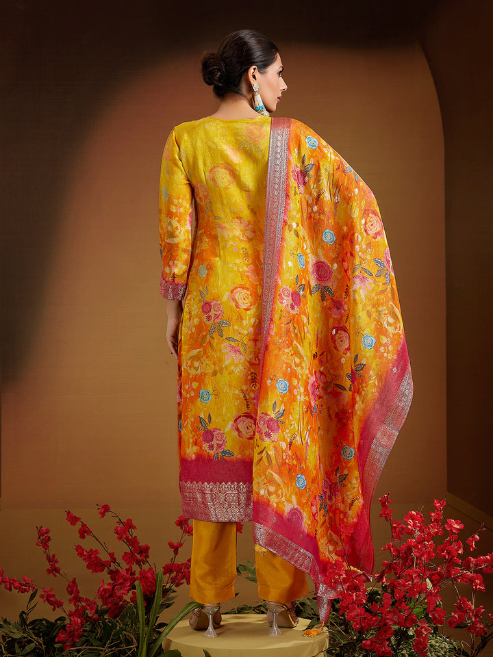 Mustard Yellow Jacquard Silk Suit Set