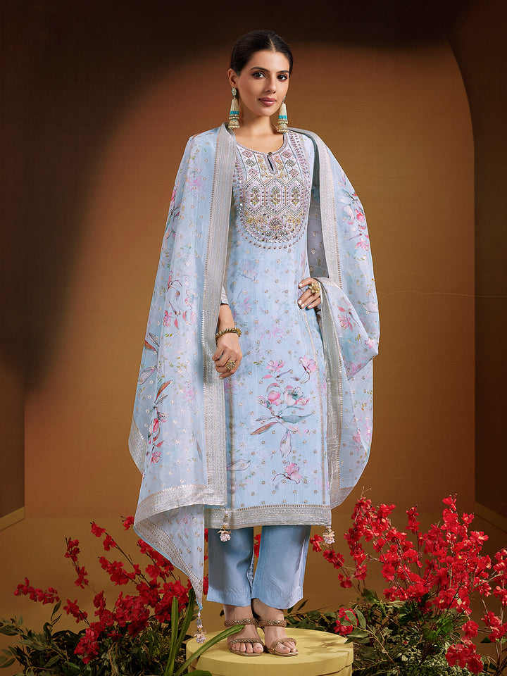 Powder Blue Jacquard Silk Suit Set