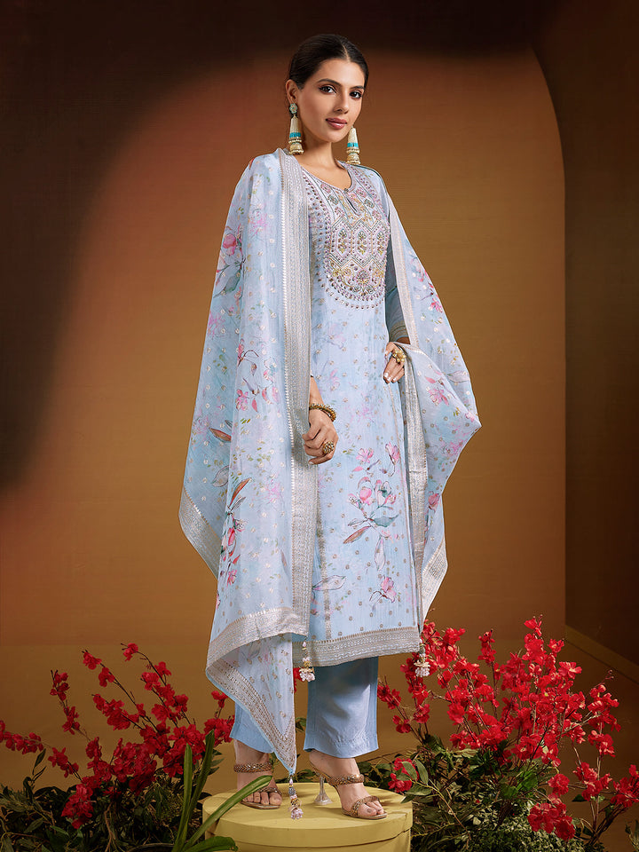 Powder Blue Jacquard Silk Suit Set