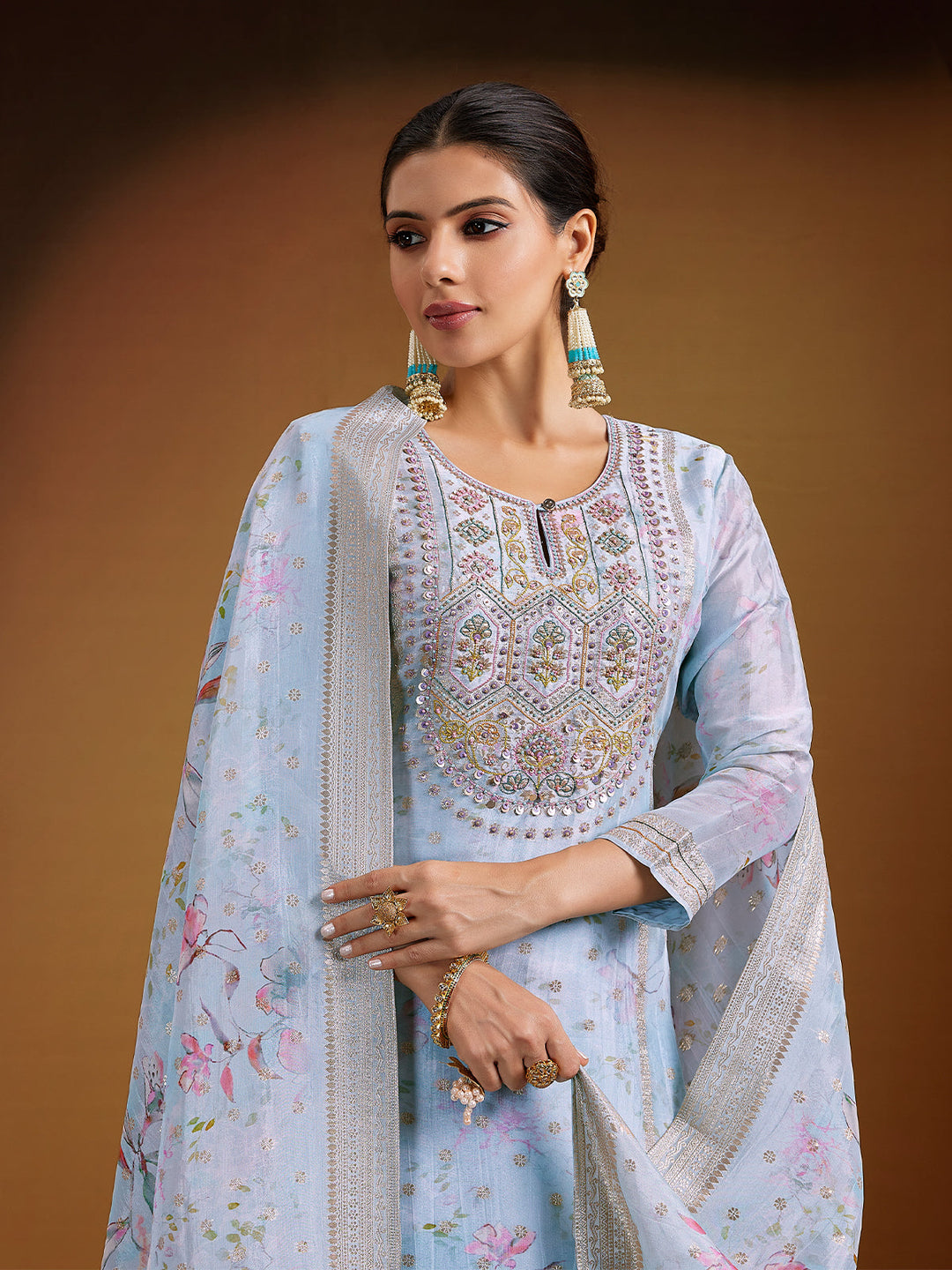 Powder Blue Jacquard Silk Suit Set