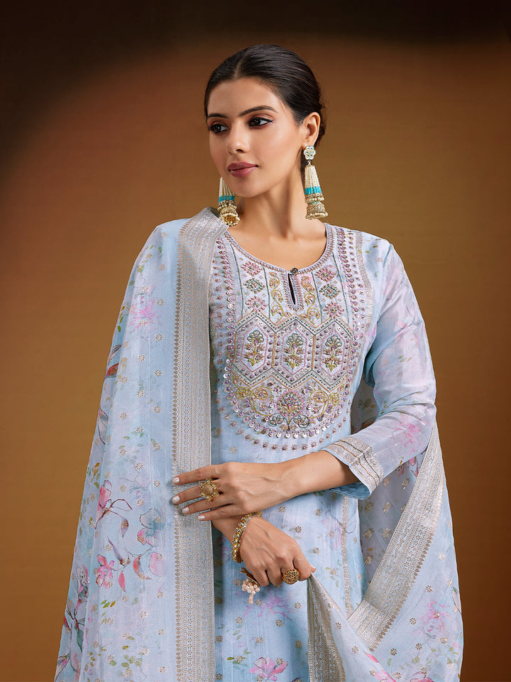 Powder Blue Jacquard Silk Suit Set