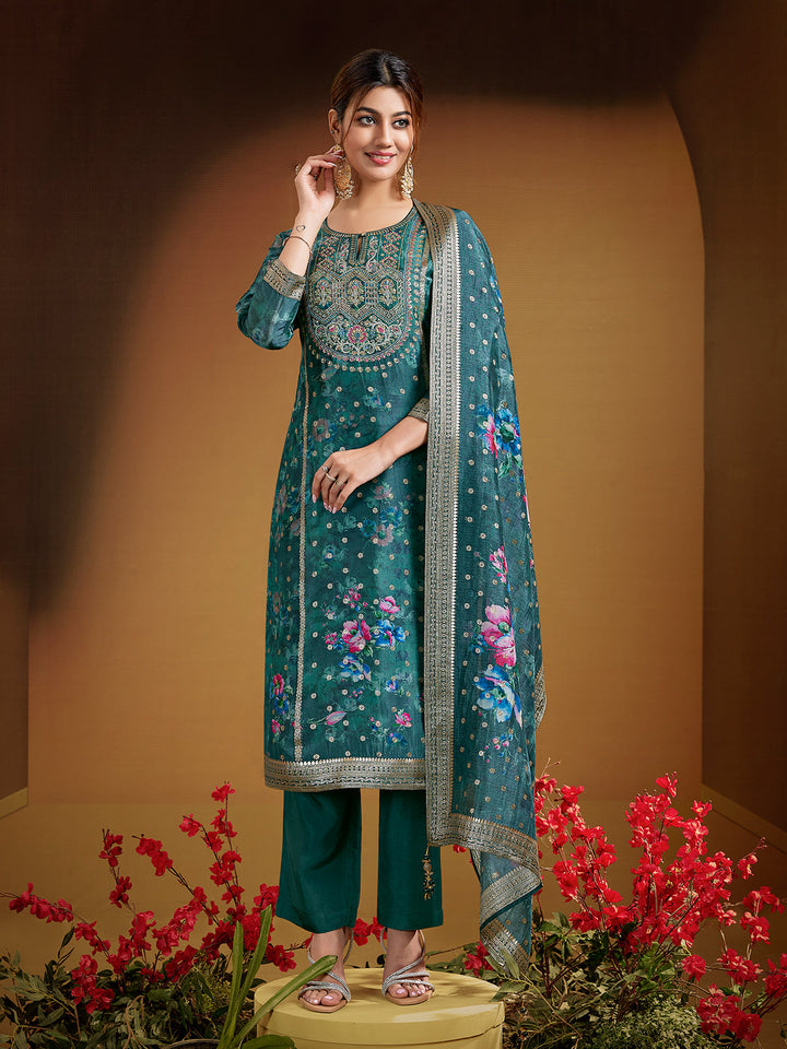 Teal Jacquard Silk Suit Set
