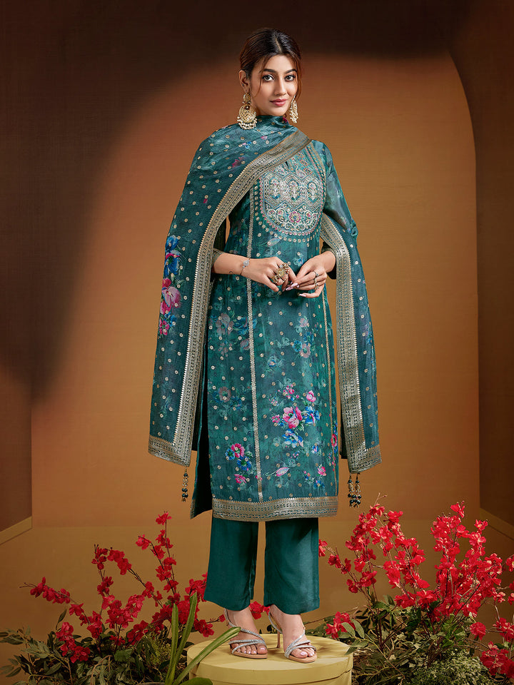 Teal Jacquard Silk Suit Set