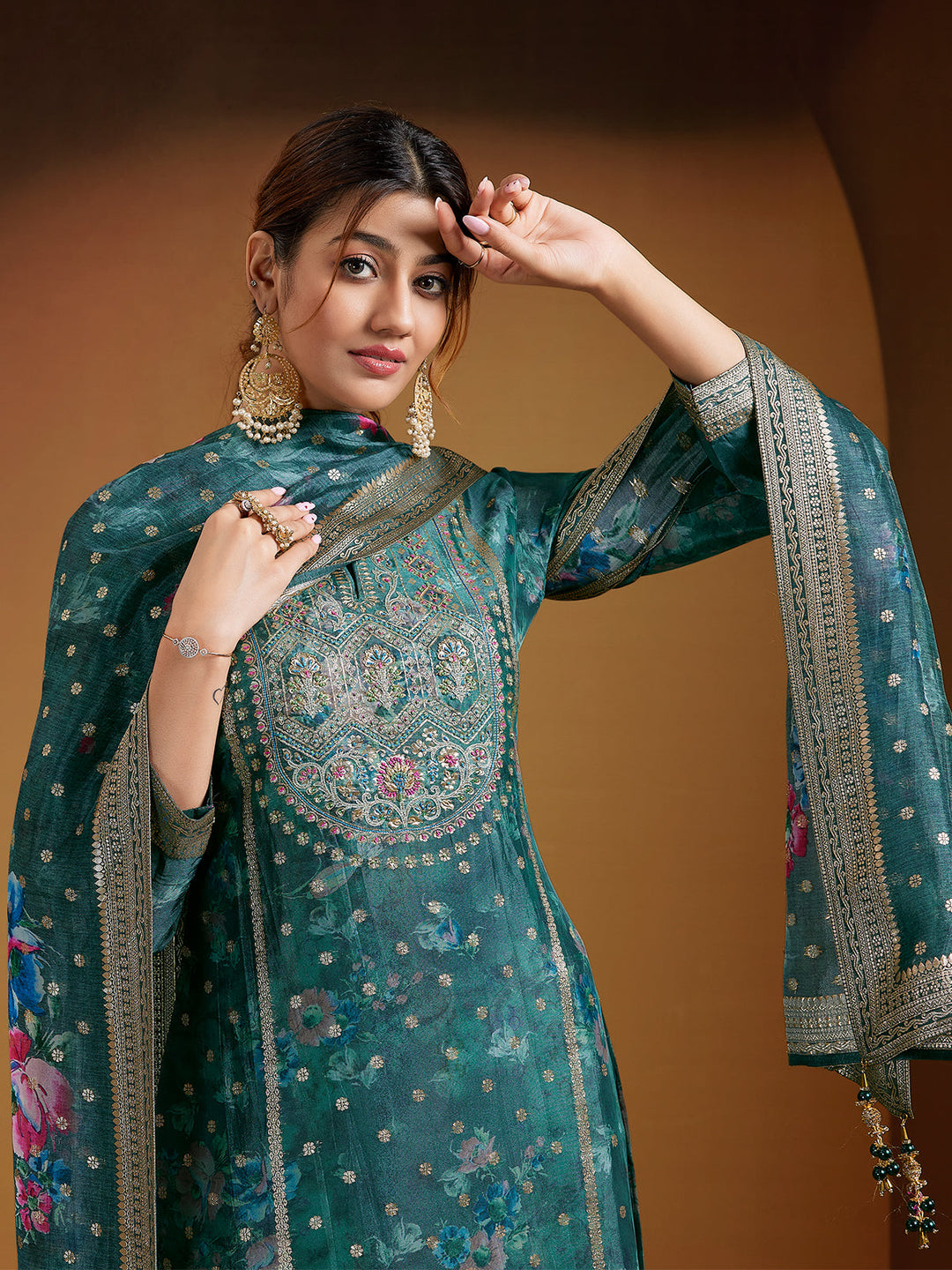Teal Jacquard Silk Suit Set