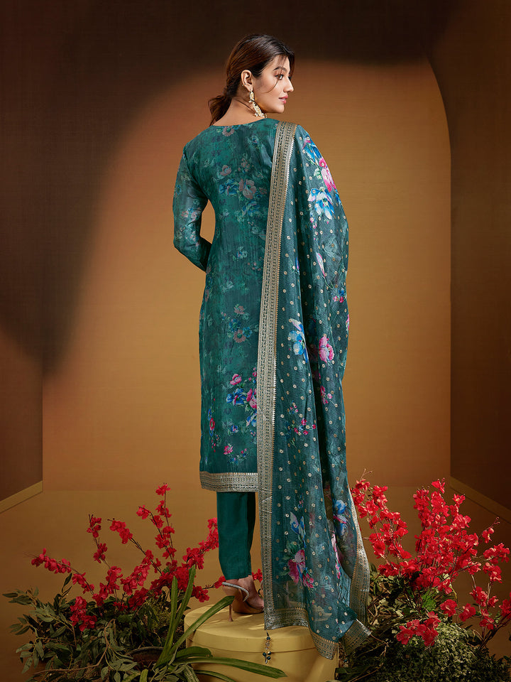 Teal Jacquard Silk Suit Set