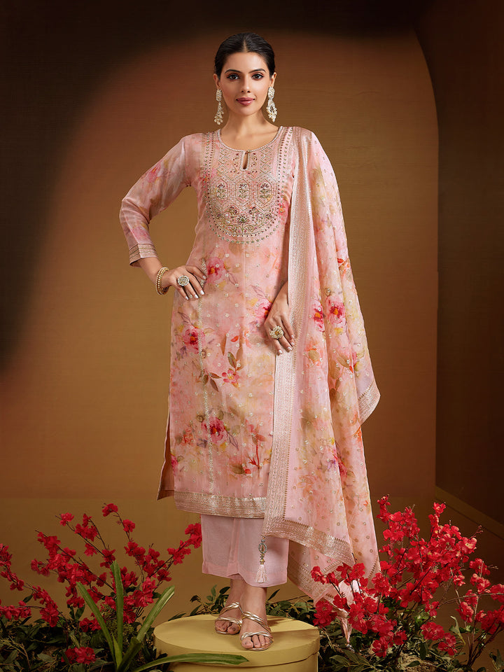 Light Peach Jacquard Silk Suit Set
