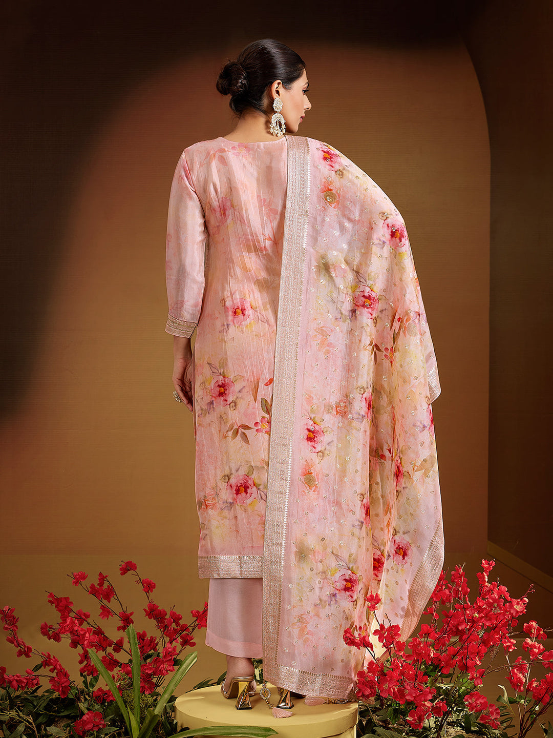 Light Peach Jacquard Silk Suit Set
