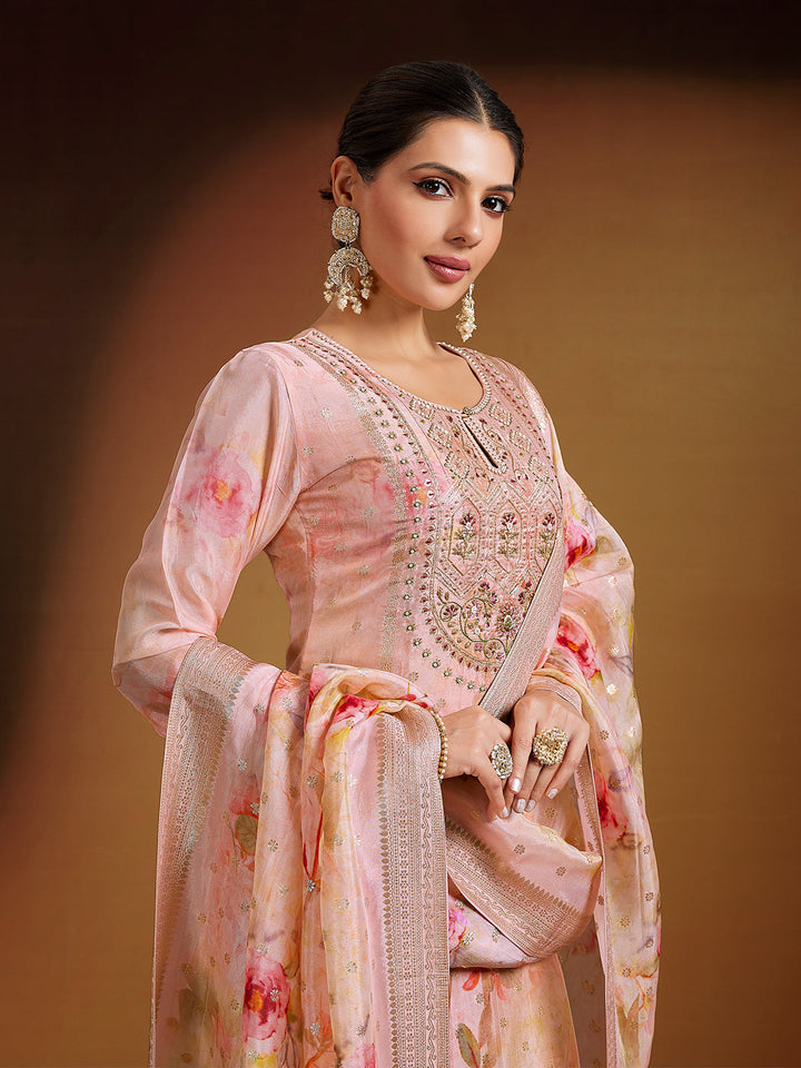 Light Peach Jacquard Silk Suit Set