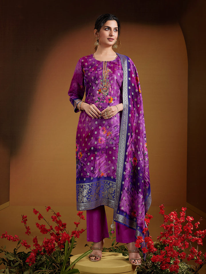 Purple Jacquard Organza Suit Set