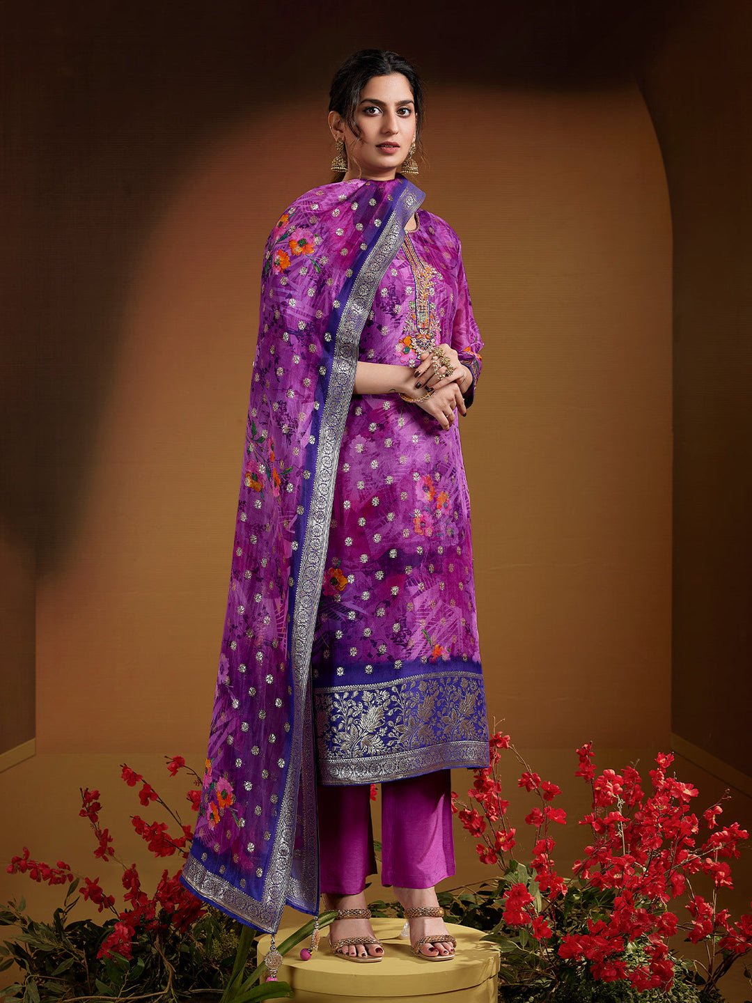 Purple Jacquard Organza Suit Set