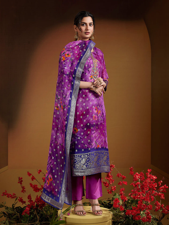 Purple Jacquard Organza Suit Set