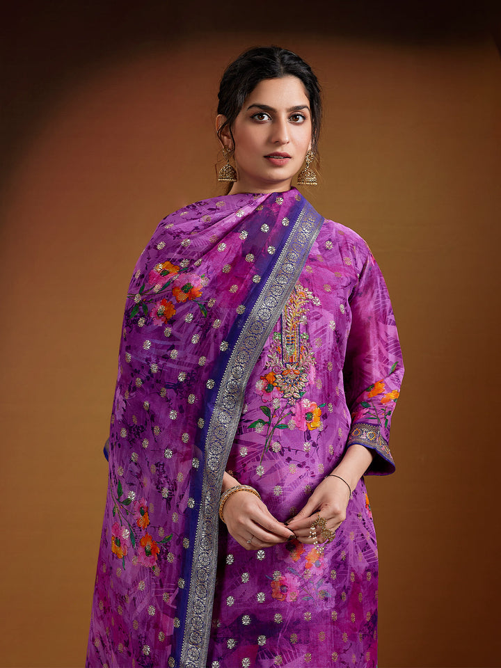 Purple Jacquard Organza Suit Set
