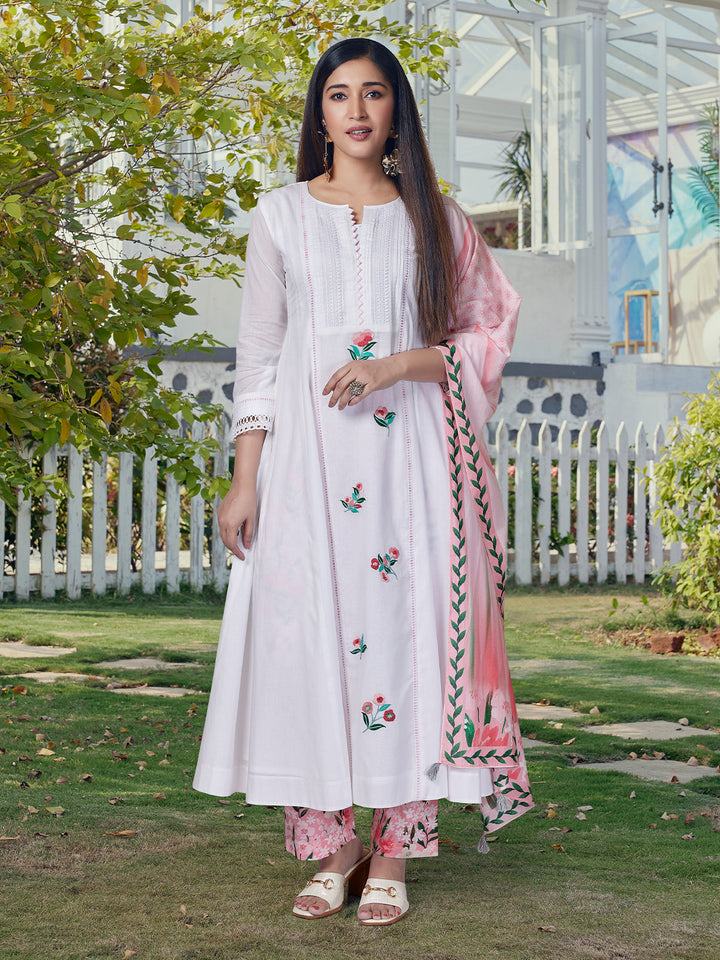 White Floral Cotton Anarkali Set