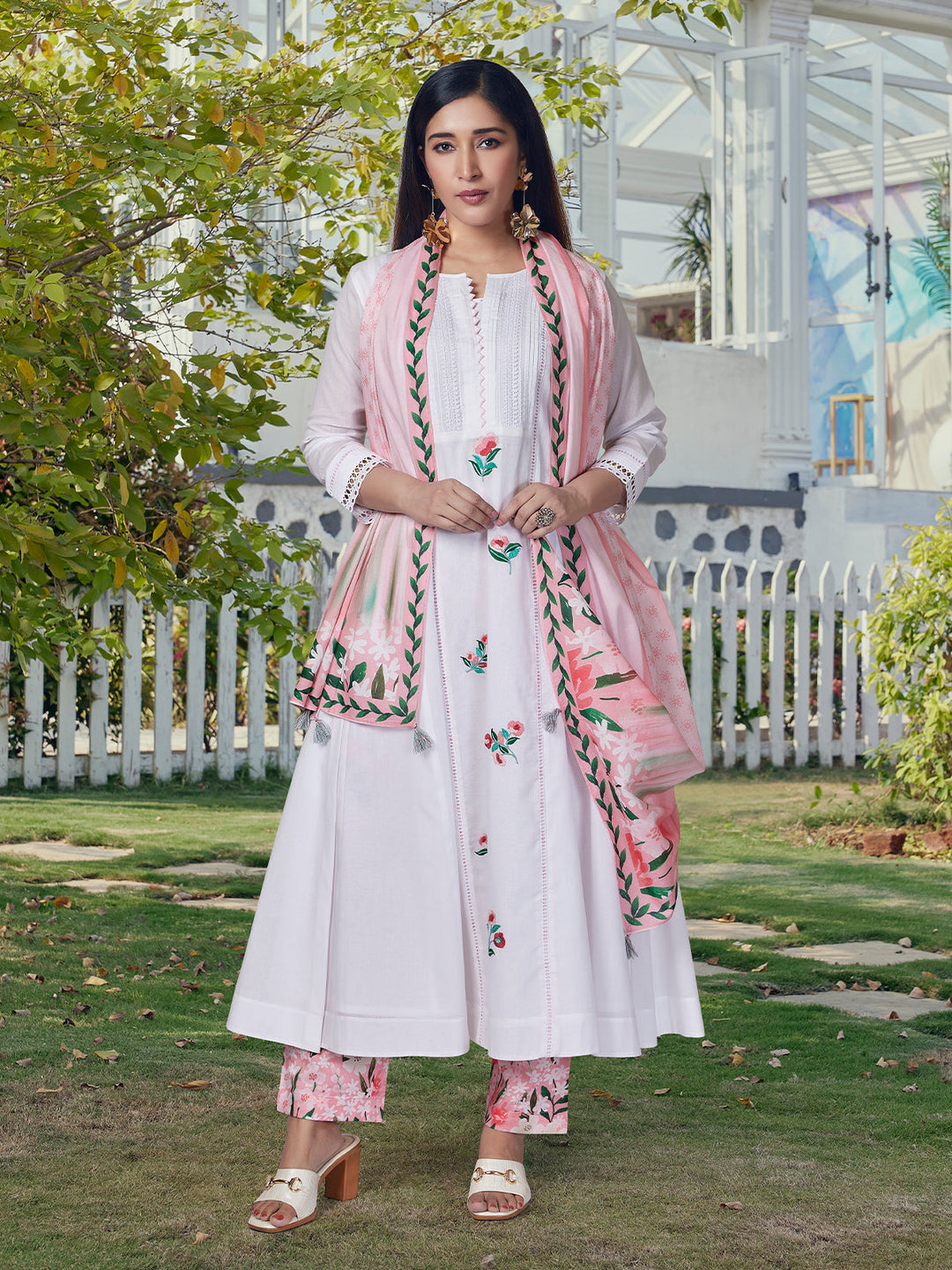 White Floral Cotton Anarkali Set