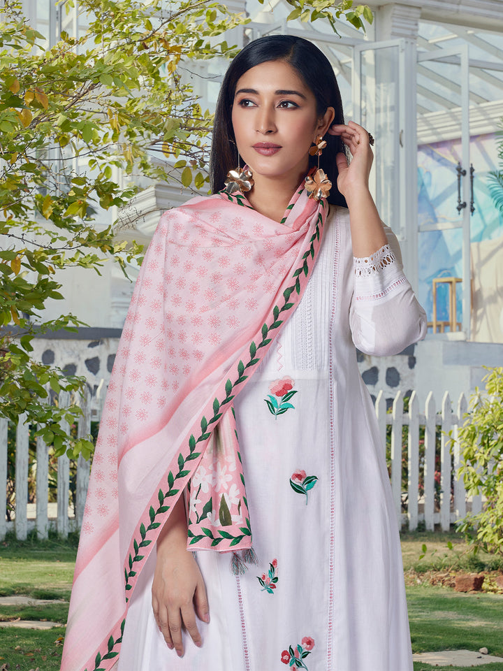 White Floral Cotton Anarkali Set