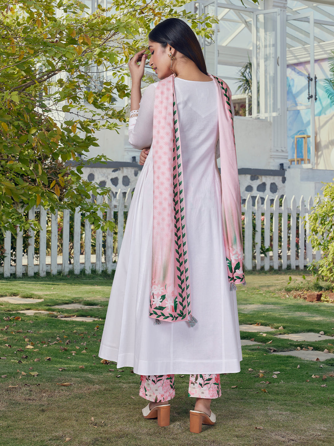 White Floral Cotton Anarkali Set
