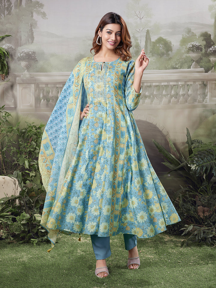 Aqua Floral Cotton Anarkali Set