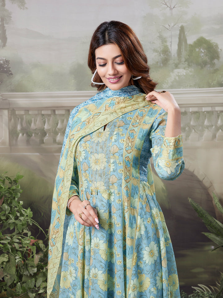Aqua Floral Cotton Anarkali Set