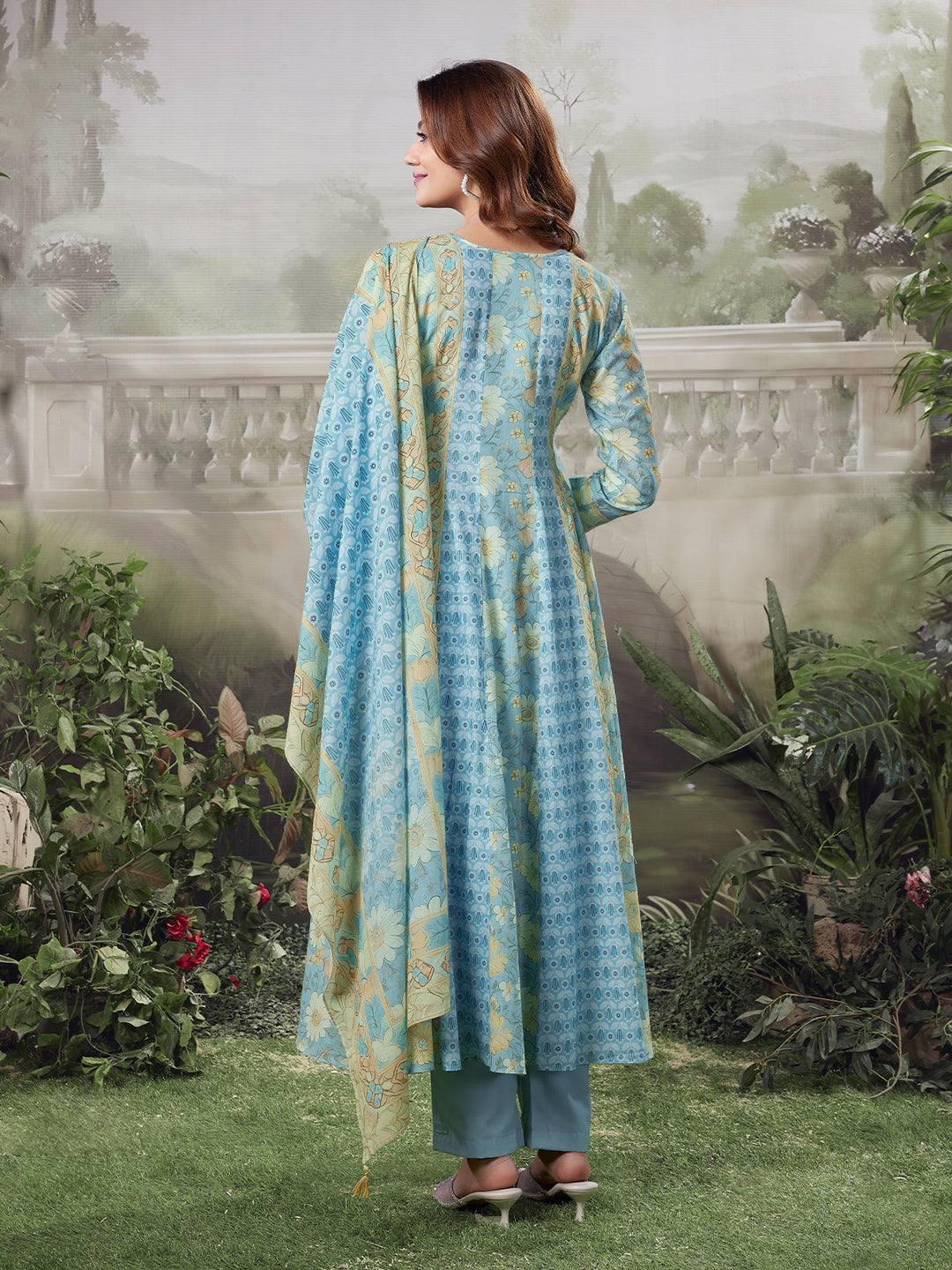 Aqua Floral Cotton Anarkali Set