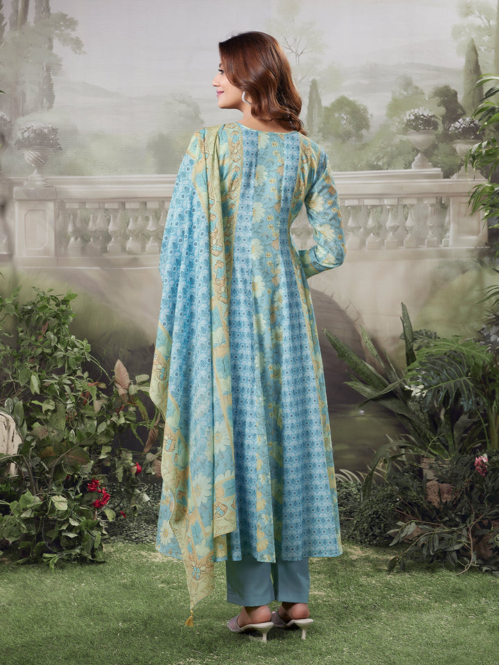 Aqua Floral Cotton Anarkali Set