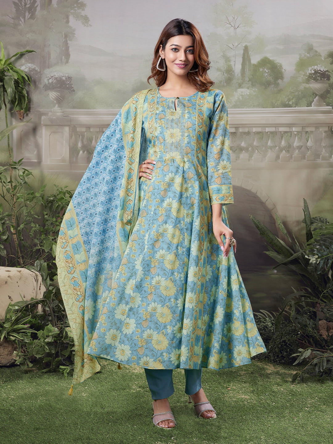 Aqua Floral Cotton Anarkali Set