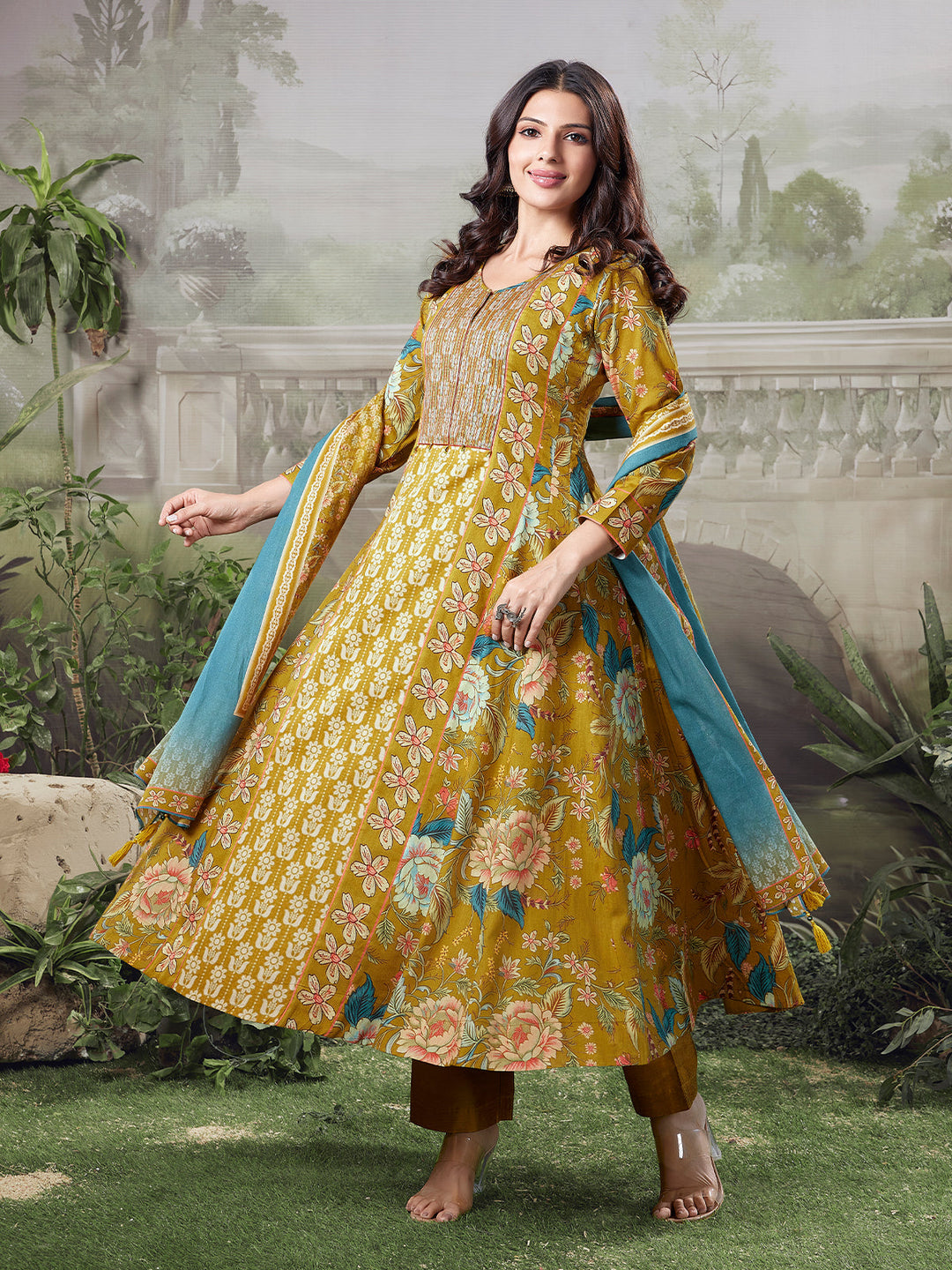 Mustard Floral Cotton Anarkali Set