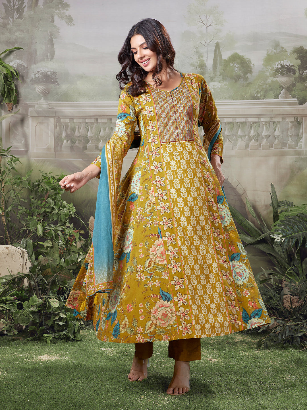 Mustard Floral Cotton Anarkali Set