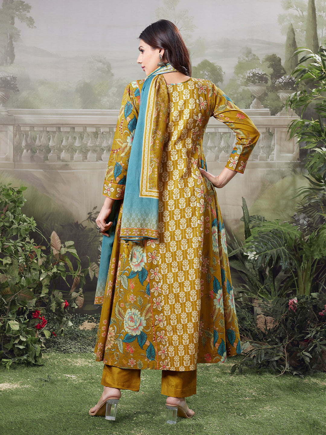 Mustard Floral Cotton Anarkali Set