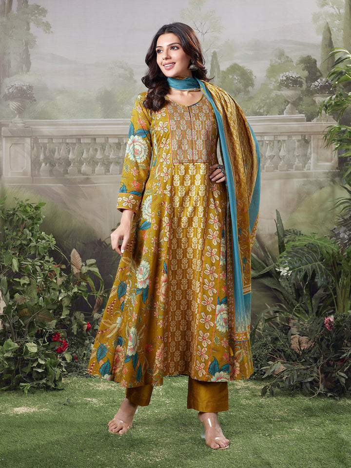 Mustard Floral Cotton Anarkali Set