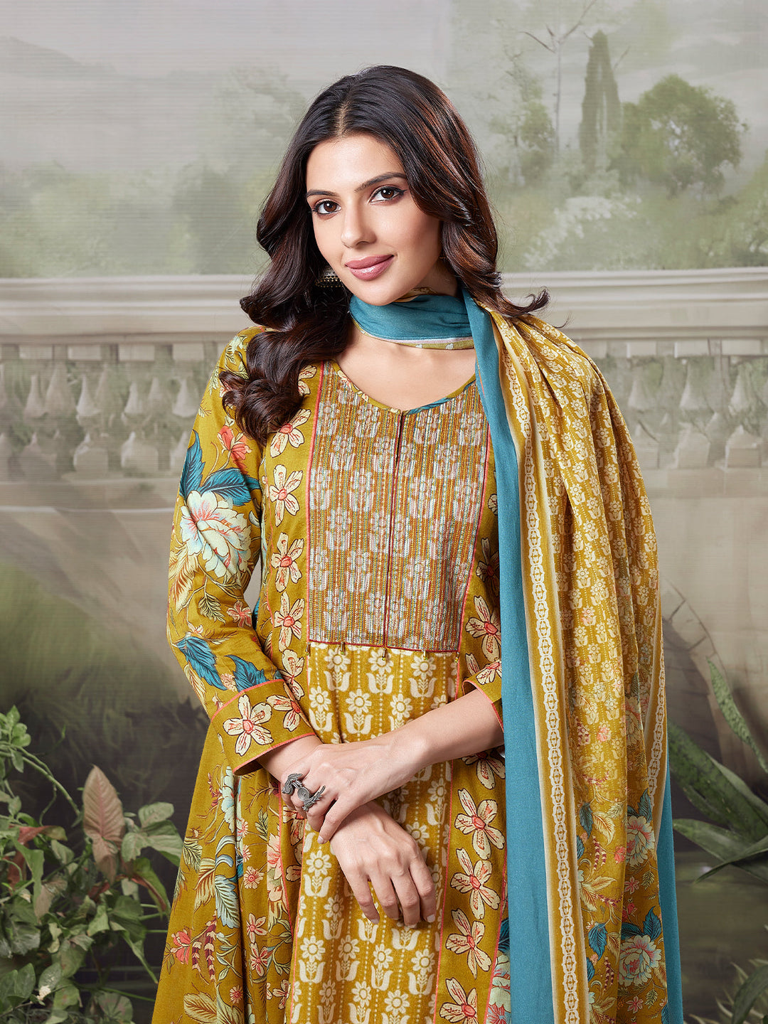 Mustard Floral Cotton Anarkali Set