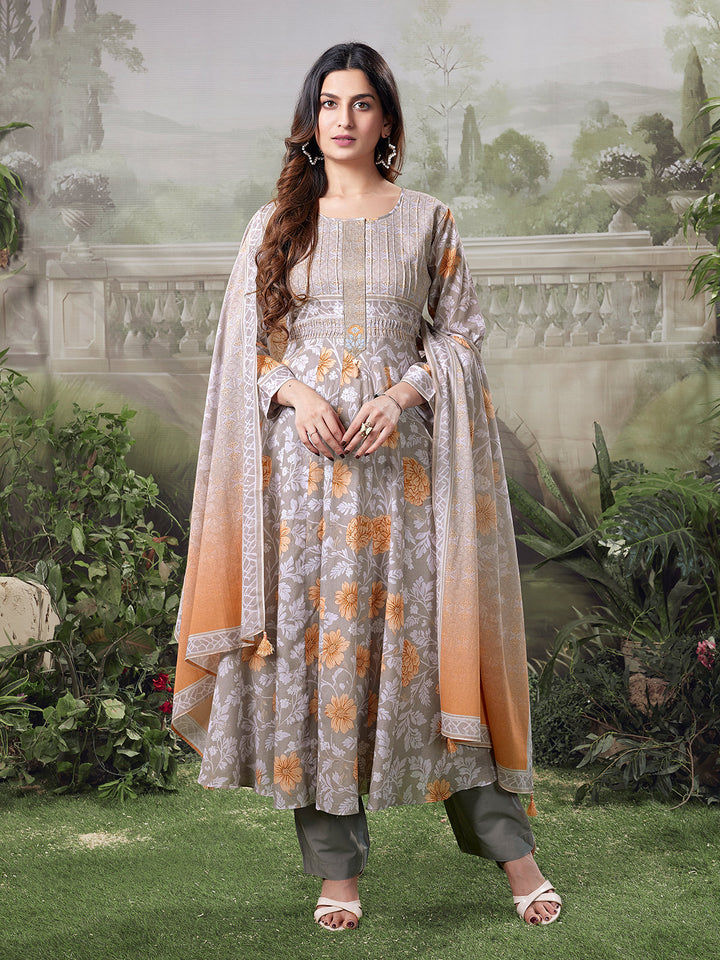Grey Floral Cotton Anarkali Set