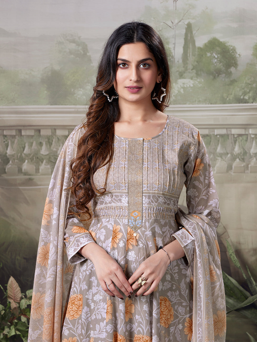 Grey Floral Cotton Anarkali Set