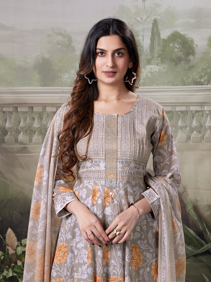 Grey Floral Cotton Anarkali Set
