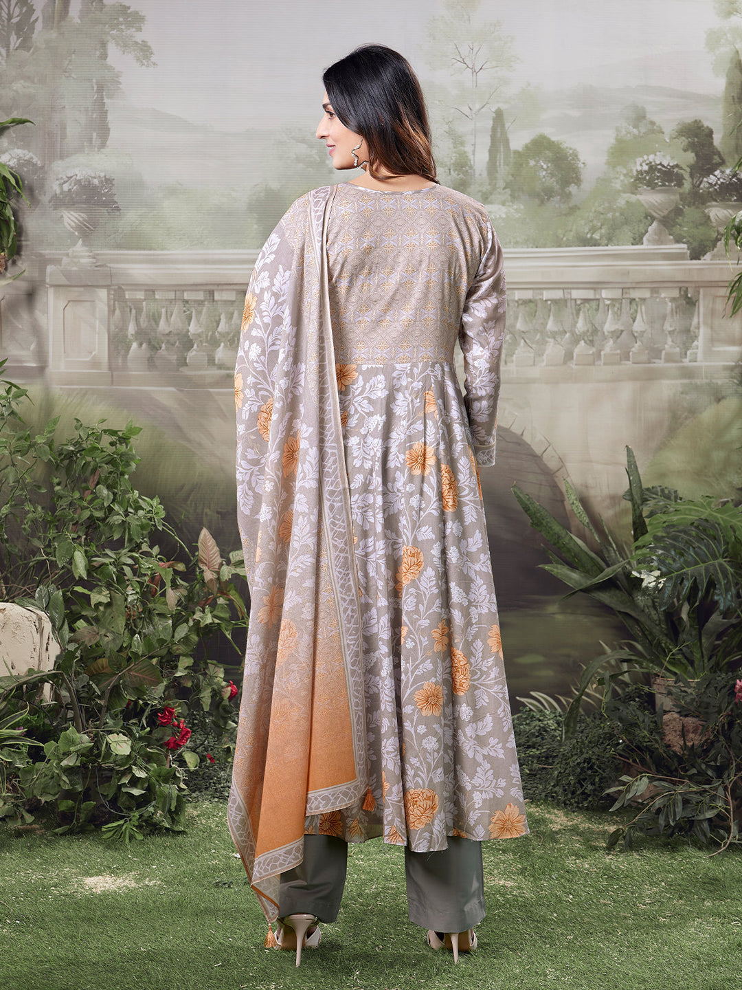 Grey Floral Cotton Anarkali Set
