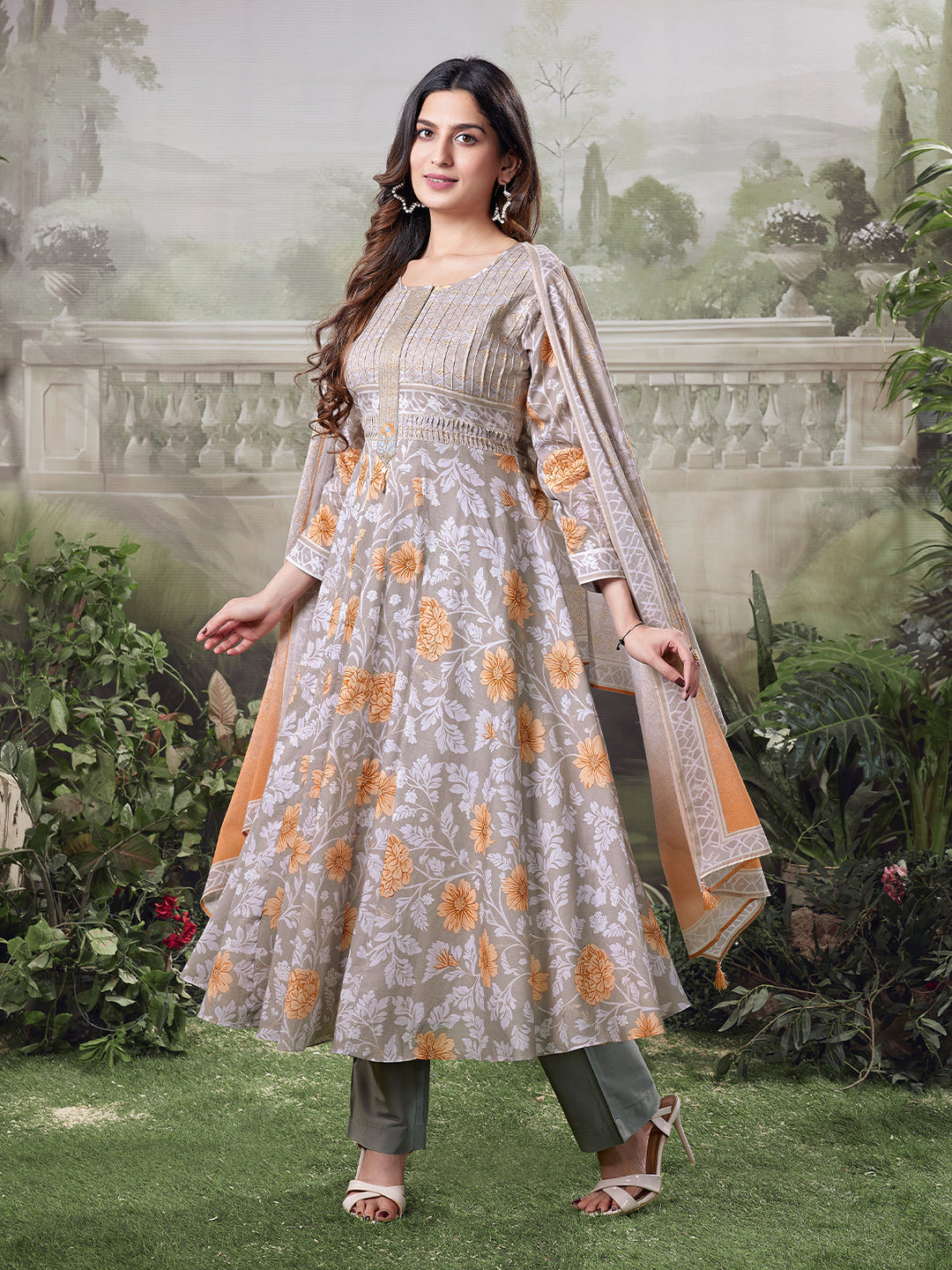 Grey Floral Cotton Anarkali Set
