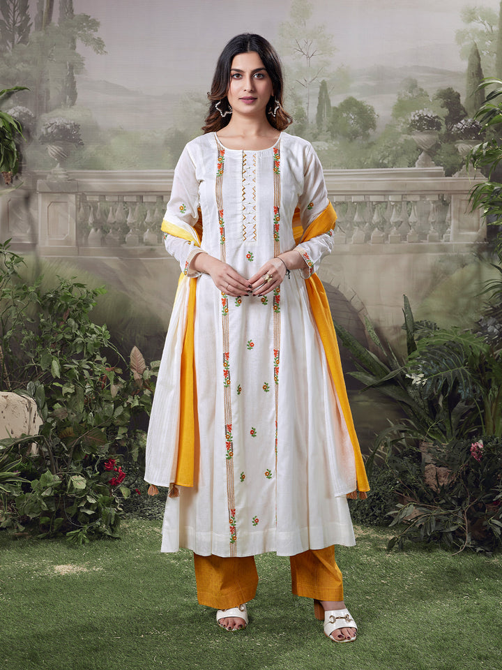 Ivory Floral Cotton Anarkali Set
