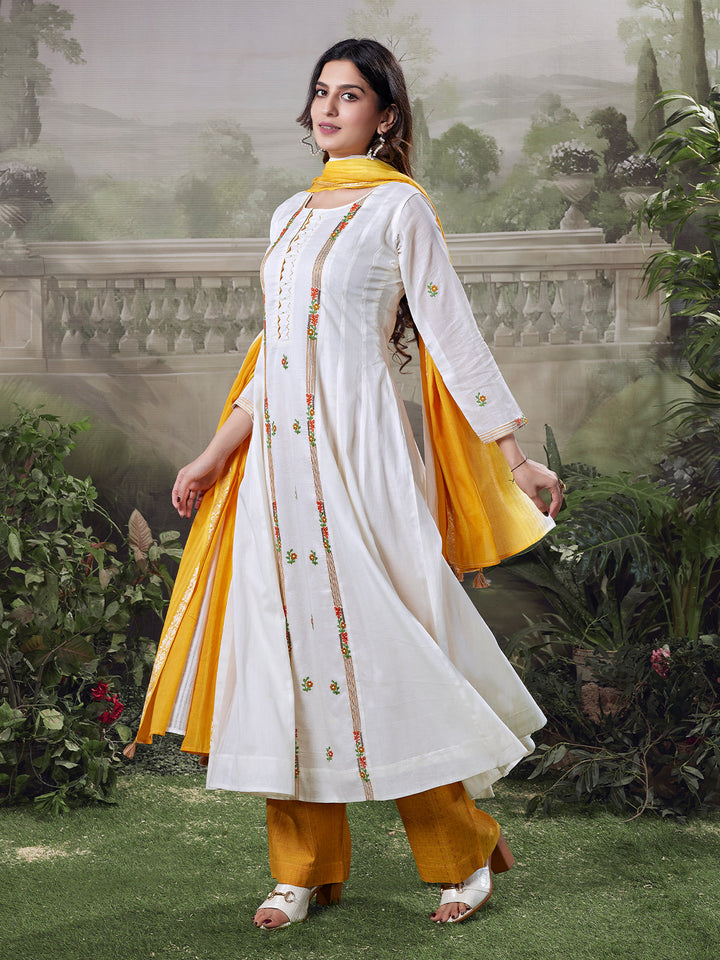 Ivory Floral Cotton Anarkali Set