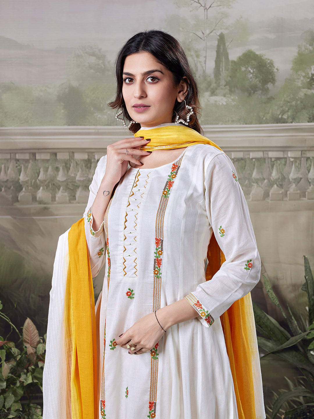 Ivory Floral Cotton Anarkali Set