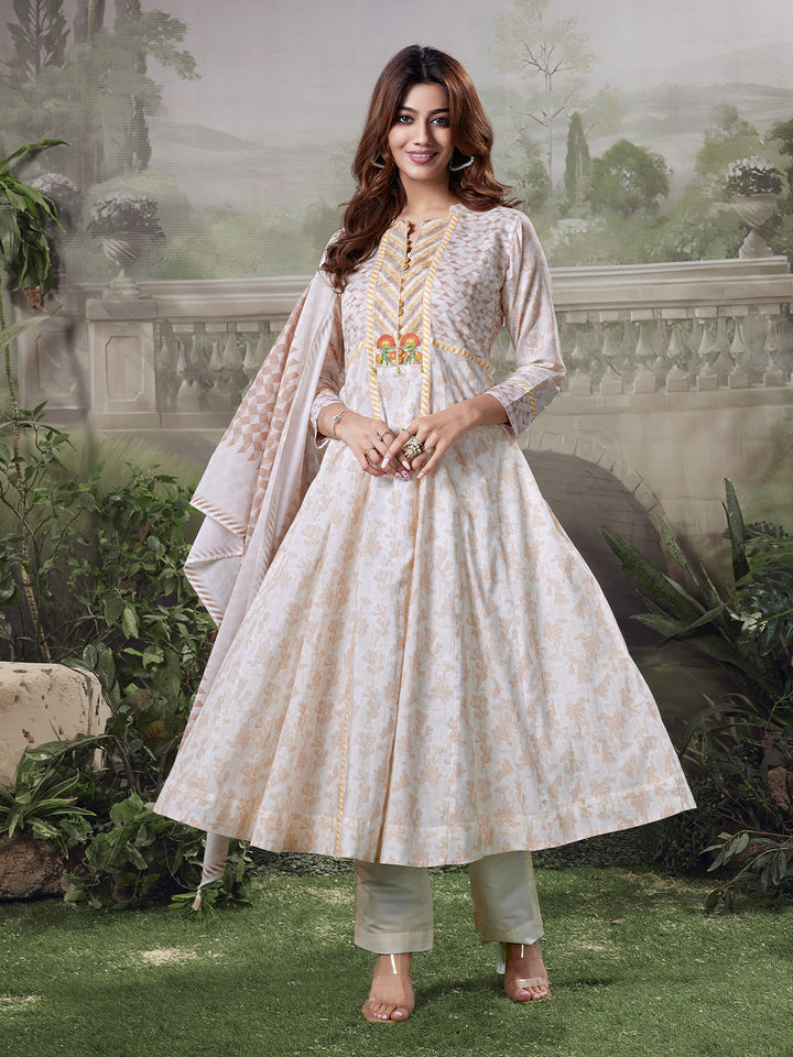 Soft Beige Floral Cotton Anarkali Set
