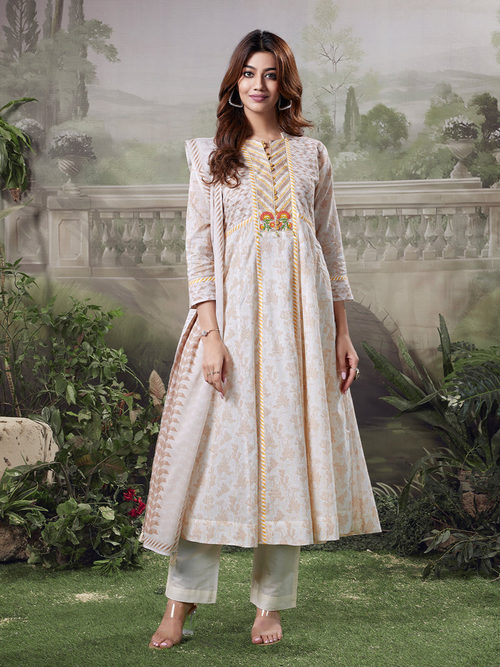 Soft Beige Floral Cotton Anarkali Set