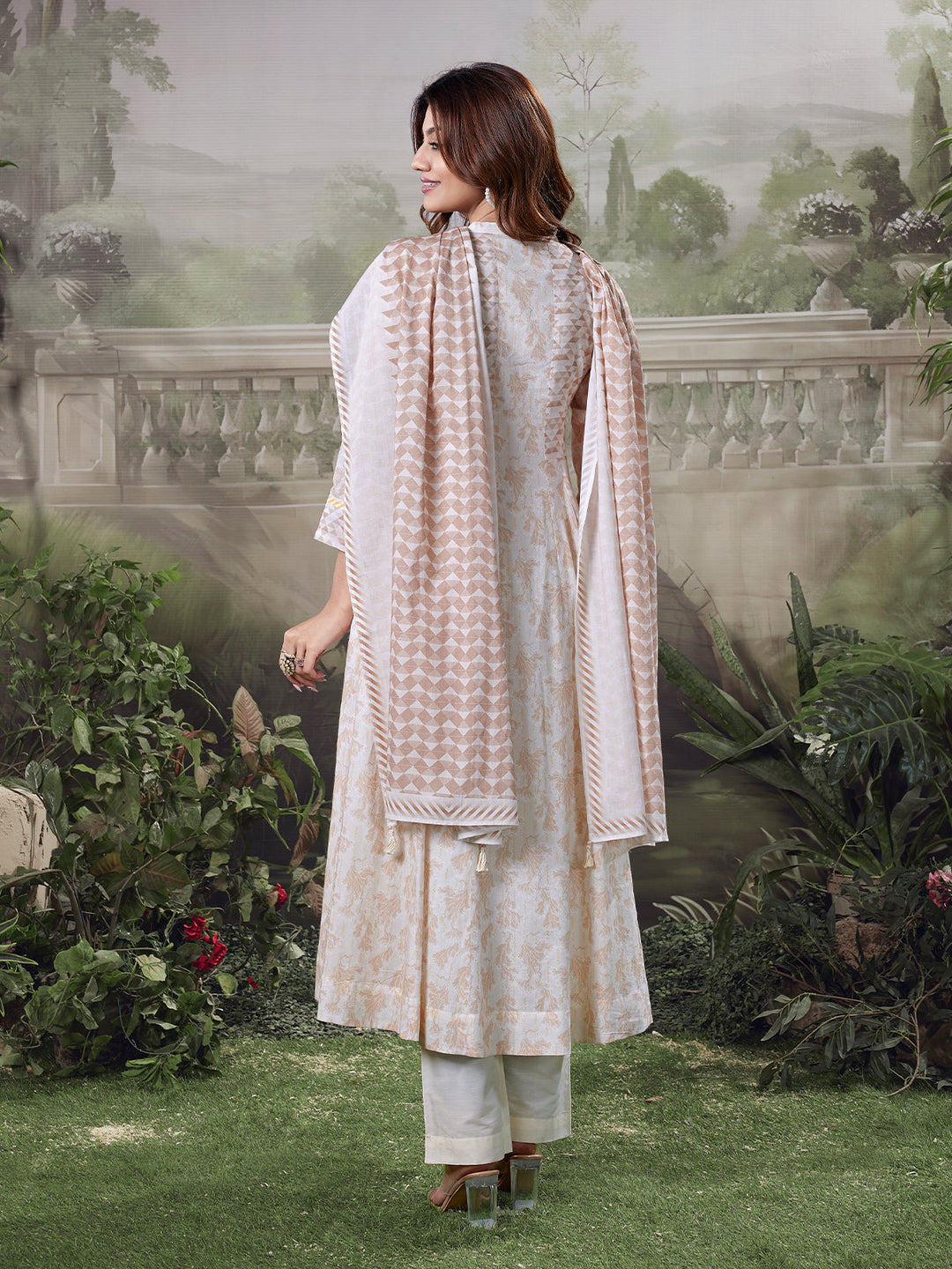 Soft Beige Floral Cotton Anarkali Set