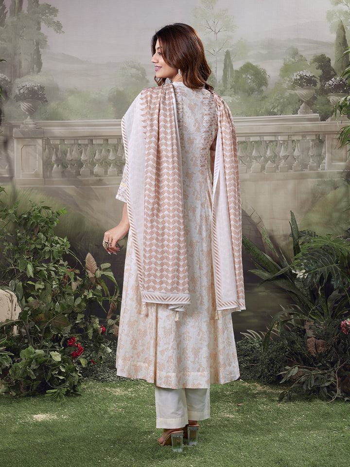 Soft Beige Floral Cotton Anarkali Set