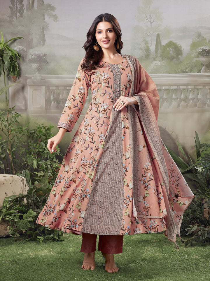 Warm Peach Floral Cotton Anarkali Set
