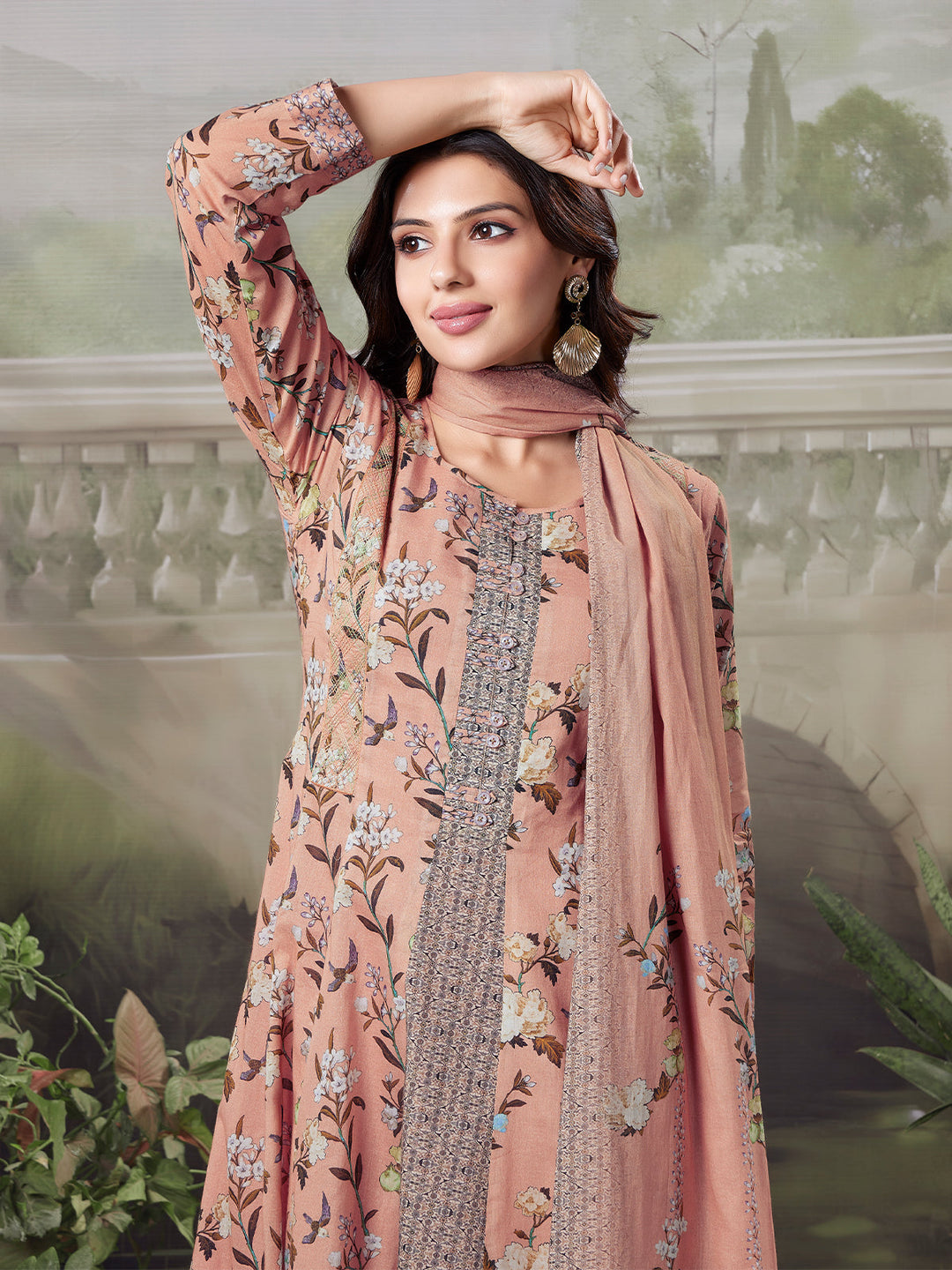 Warm Peach Floral Cotton Anarkali Set