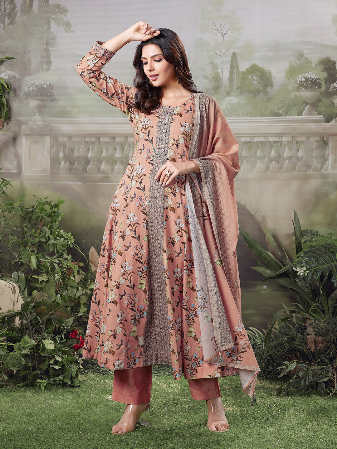 Warm Peach Floral Cotton Anarkali Set