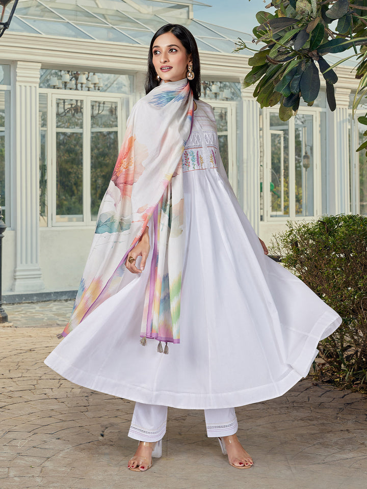 White Floral Cotton Anarkali Set