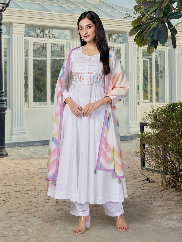 White Floral Cotton Anarkali Set