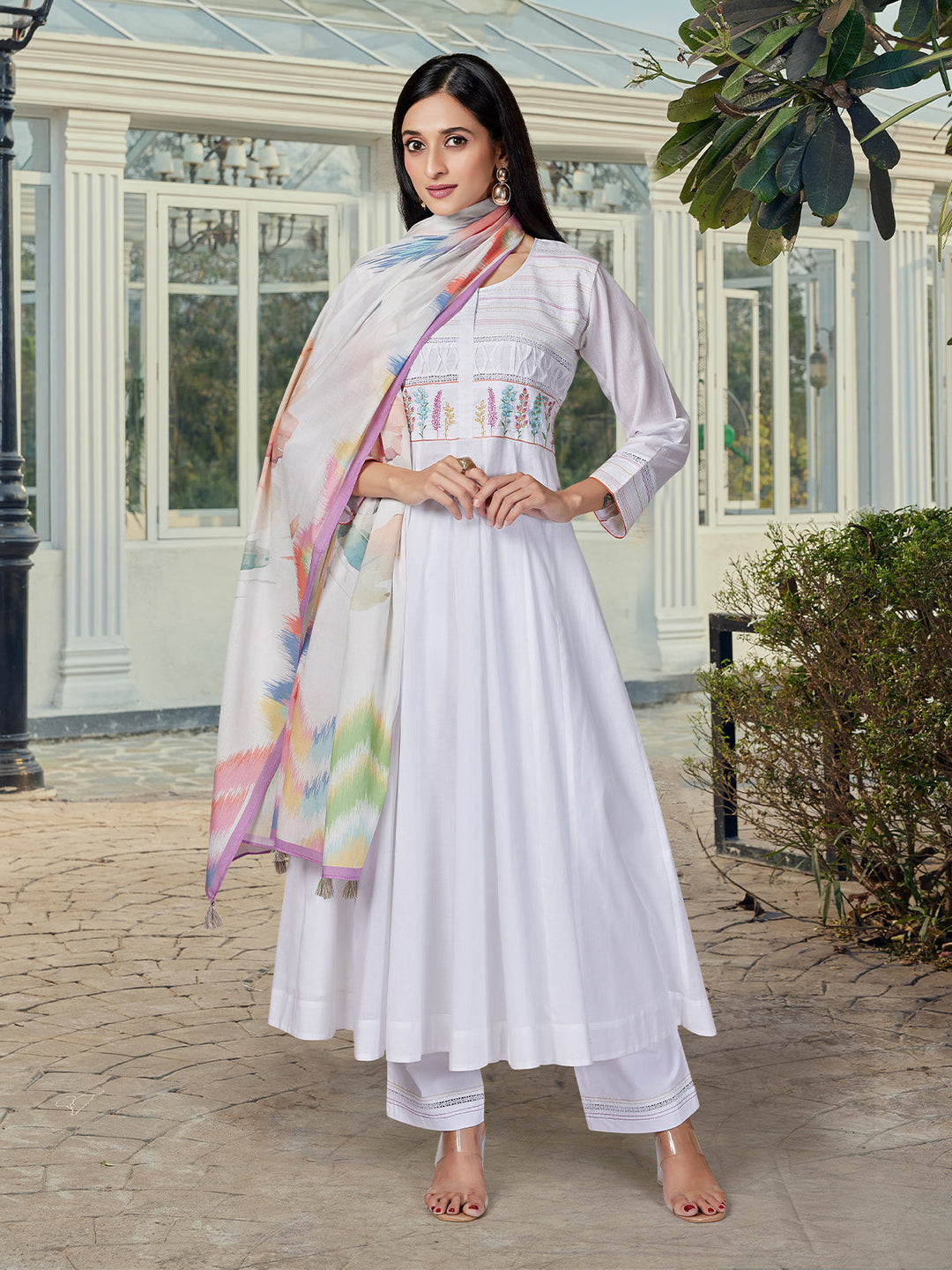 White Floral Cotton Anarkali Set