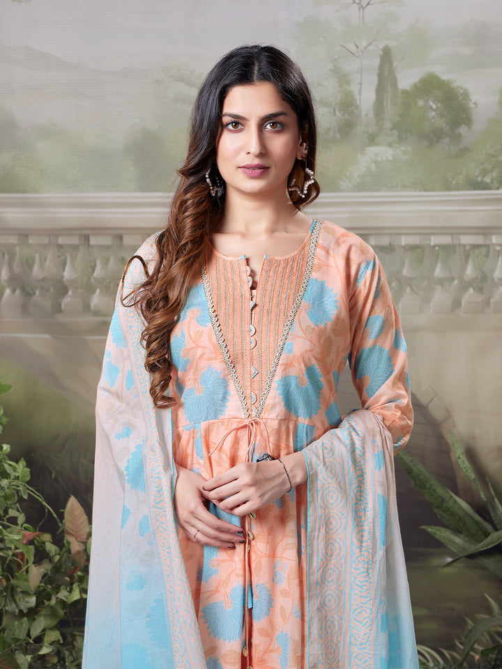 Soft Peach Floral Cotton Anarkali Set
